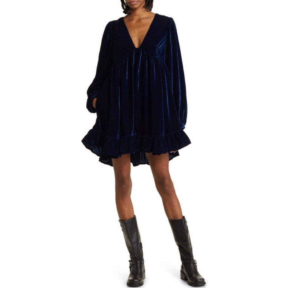 FREE PEOPLE Estella Velvet Mini Dress in Navy Blue